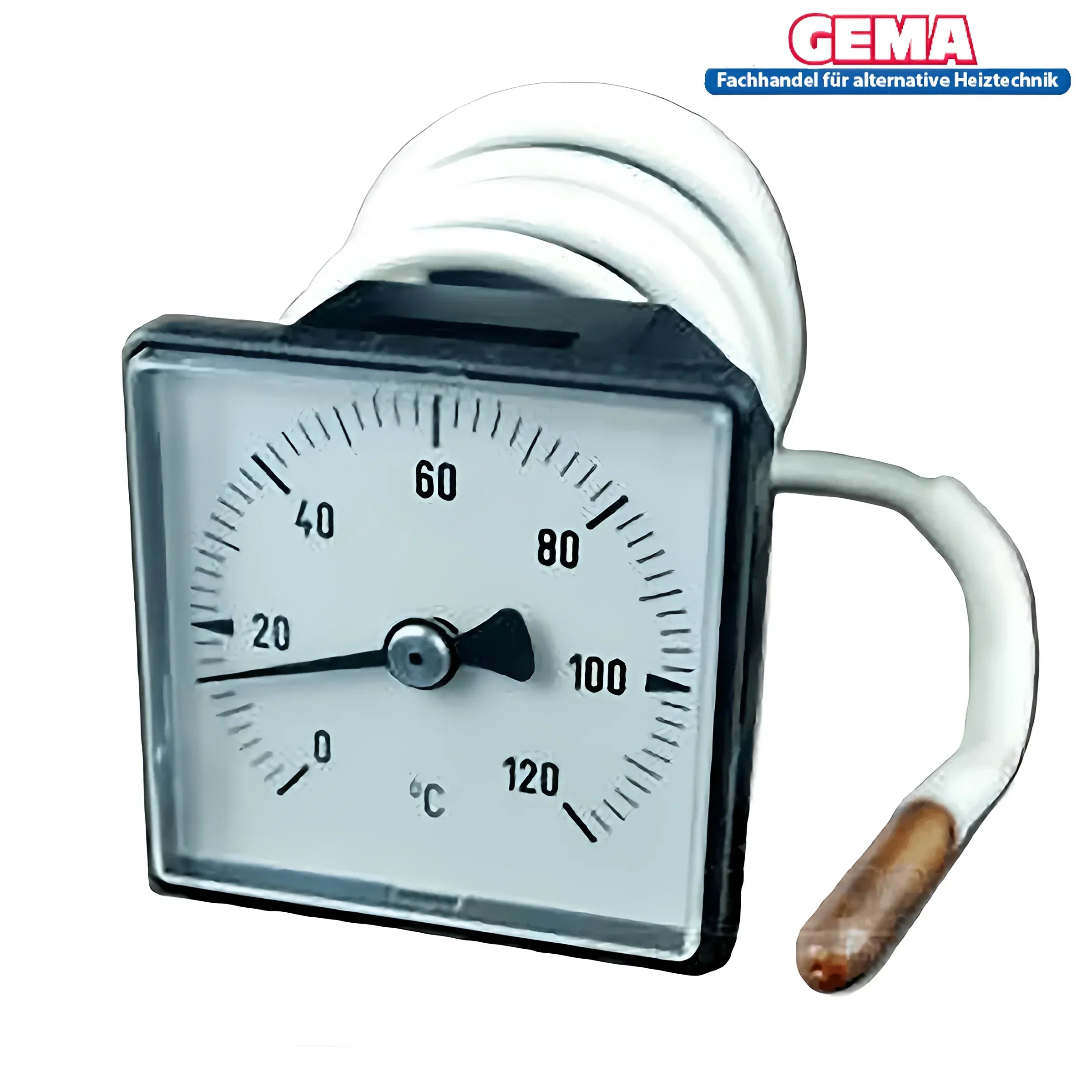 Analoges Thermometer Defro quadratisch für Kesseltemperaturmessung.