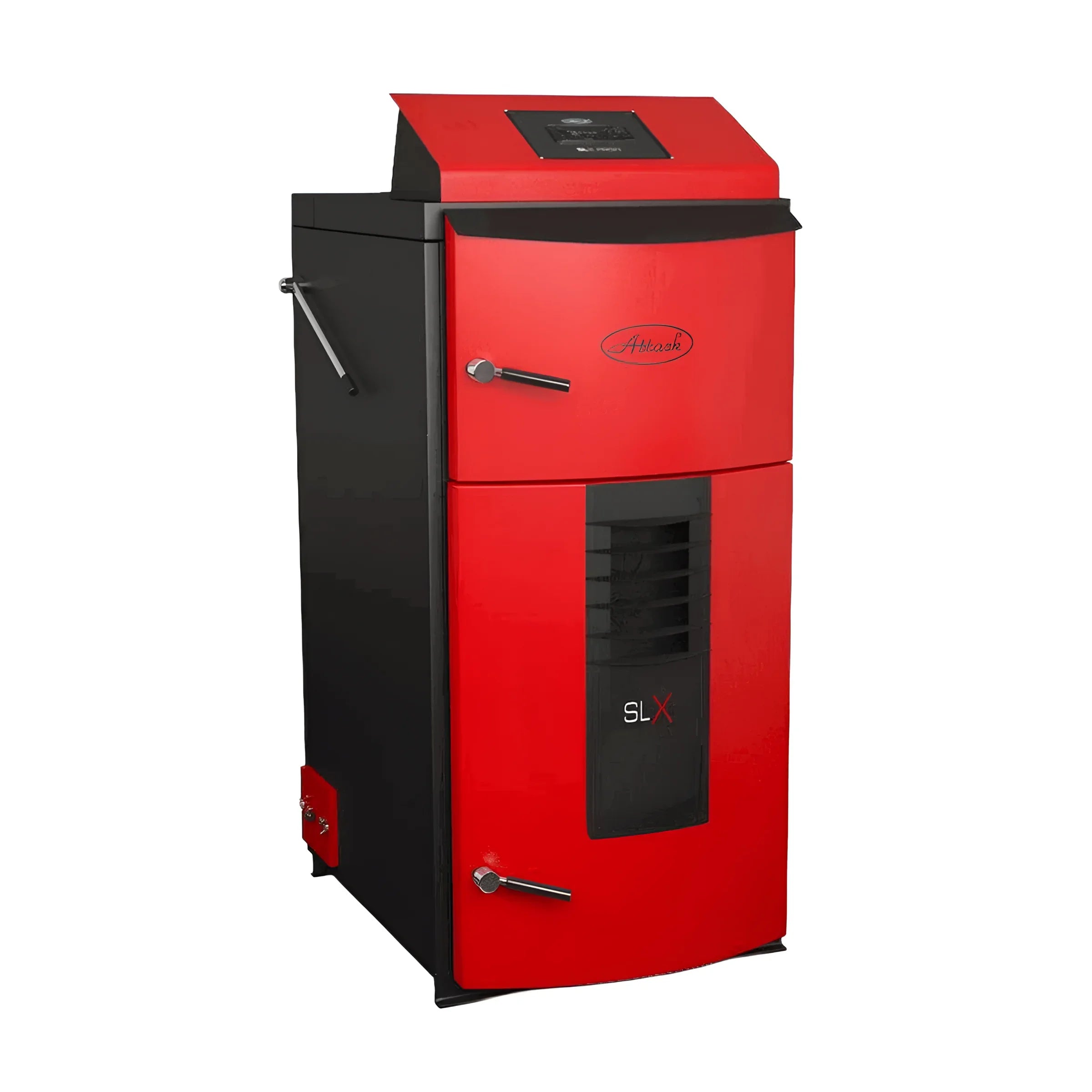 Bild eines roten und schwarzen Holzvergaserboilers vom Holzvergaserkessel Attack SLX Profi 25 kW mit robuster Bauweise