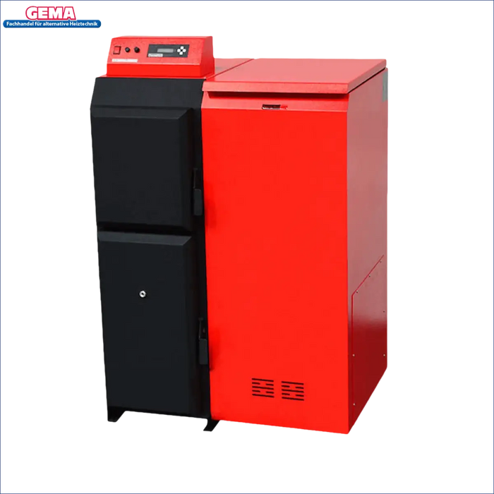 Rote und schwarze Heizungsanlage Thermoflux Pelling 35/150 mit Pufferspeicher