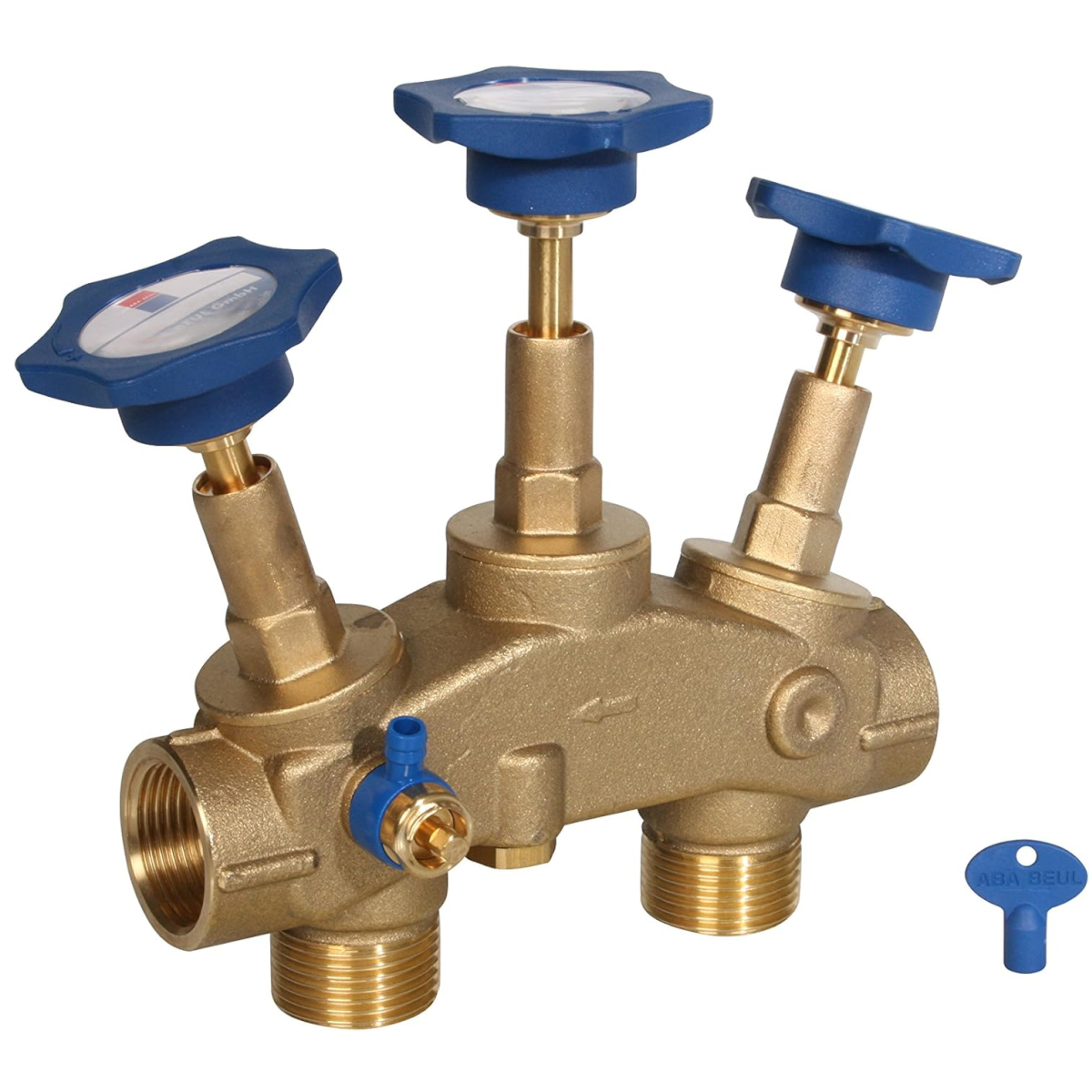 Brass manifold with blue knobs for Wasserenthärtungsanlage R2D2 72 mit 1 Anschluss-Set