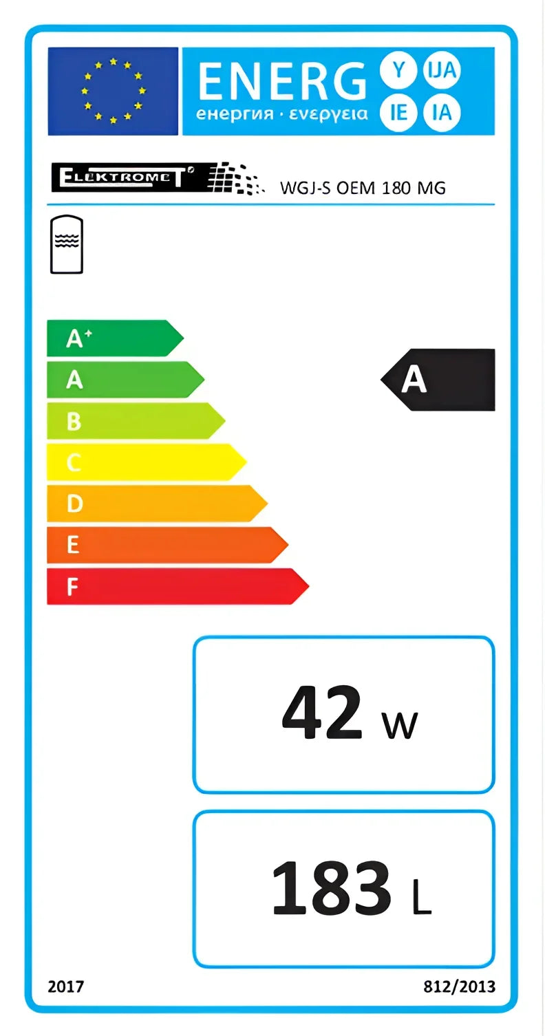 Energieeffizienzlabel für Warmwasserspeicher: 42 W Verbrauch, 183 L Fassungsvermögen, Klasse A. 🌍💧