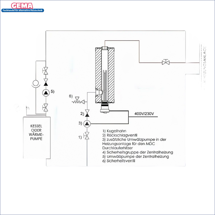 Diagramm eines Zentralheizungssystems für den Durchlauferhitzer MDC 400 plus