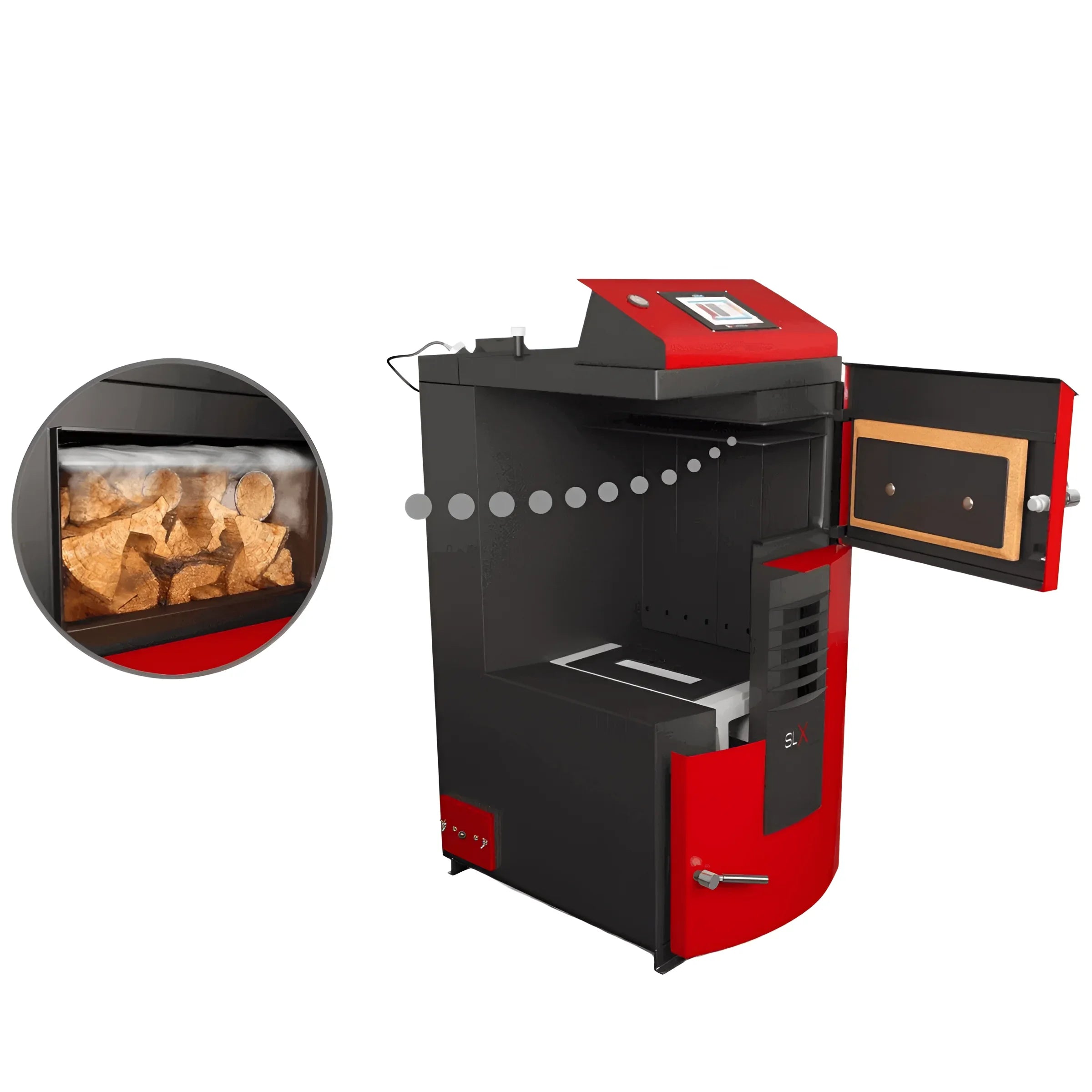 Roter und schwarzer Holzvergaser Attack SLX Profi 55 kW für nachhaltiges Heizen
