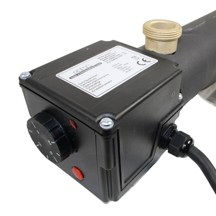 Schwarzer elektrischer Steuerkasten mit Drehknopf und Kabel für GEMA Trinkwasserheizung
