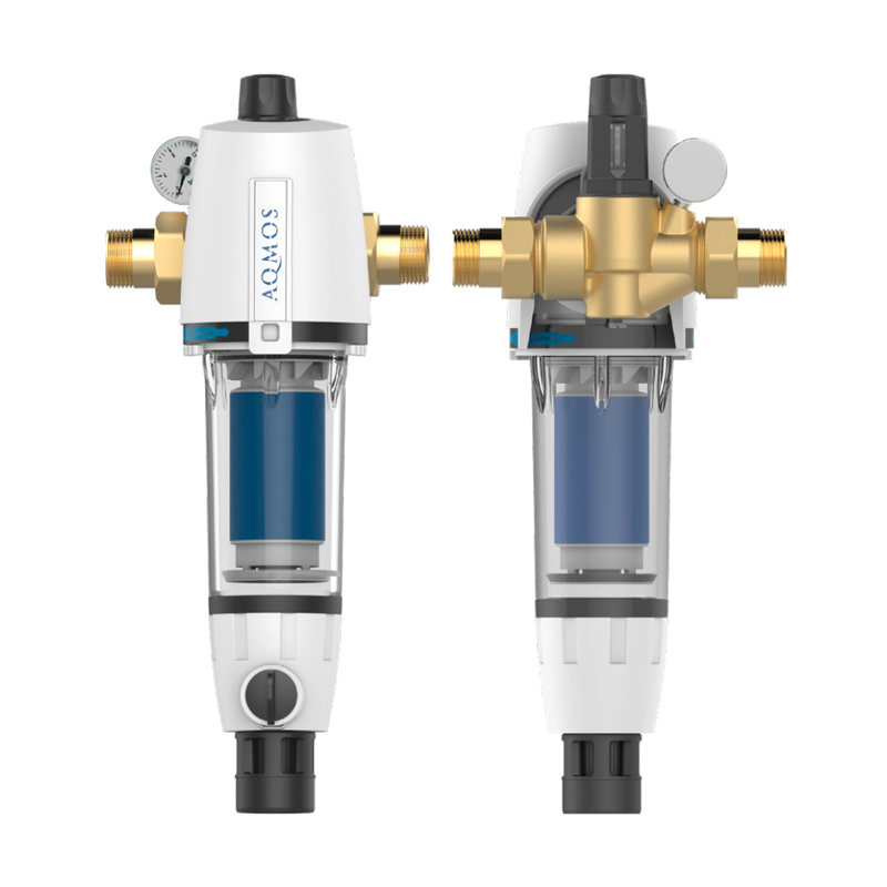 Sistema de descalcificación de agua Aqmos R2D2-32 BLACK EDITION con filtro de retrolavado, juego de conexión y bloque de montaje
