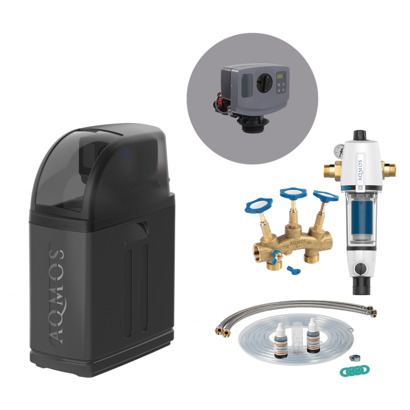 Sistema de descalcificación de agua Aqmos R2D2-32 BLACK EDITION con filtro de retrolavado, juego de conexión y bloque de montaje