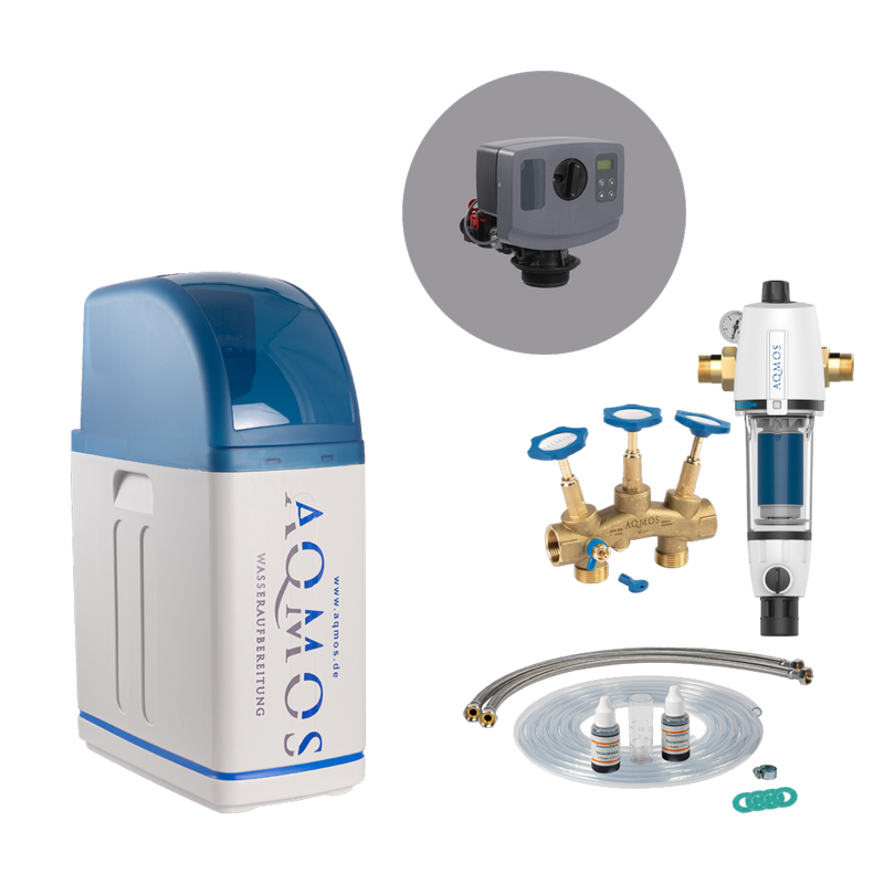 AQMOS R2D2-32 Sistema de descalcificación de agua con filtro de retrolavado, juego de conexión y bloque de montaje