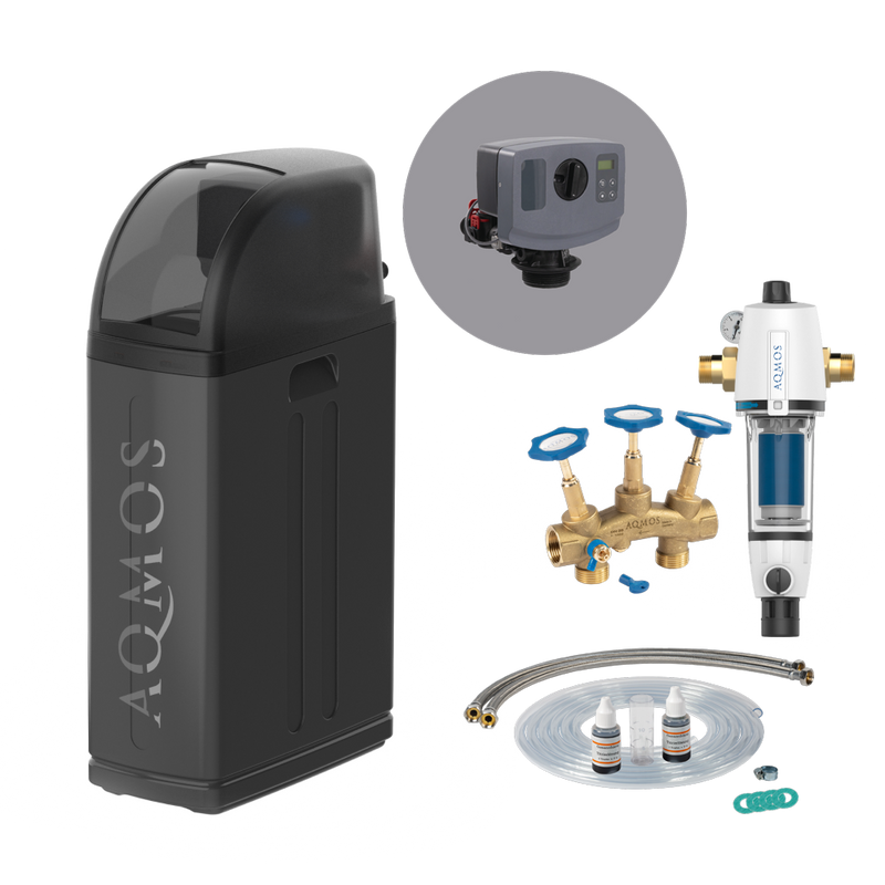 Sistema de descalcificación de agua AQMOS R2D2-48 Black Edition Set con filtro de retrolavado, juego de conexión y bloque de montaje