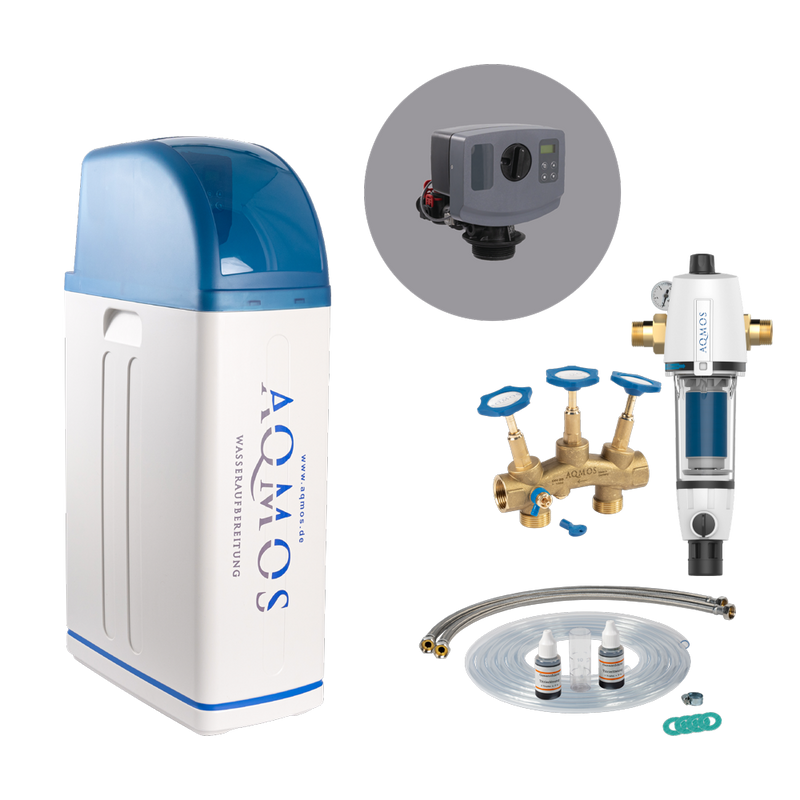 Sistema de descalcificación de agua AQMOS R2D2-48 Set con filtro de retrolavado, juego de conexión y bloque de montaje