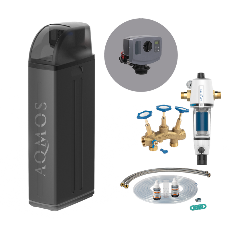 Sistema de descalcificación de agua AQMOS R2D2-72 Black Edition Set con filtro de retrolavado, juego de conexión y bloque de montaje