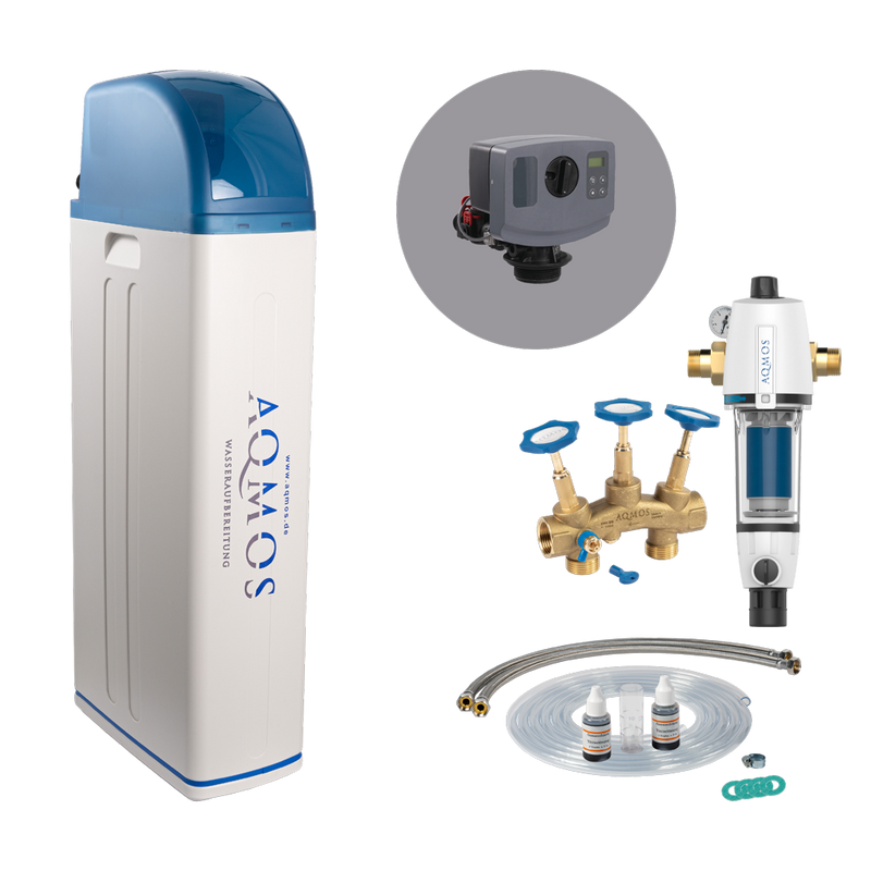 Sistema de descalcificación de agua Aqmos R2D2-72 Set con filtro de retrolavado, juego de conexión y bloque de montaje