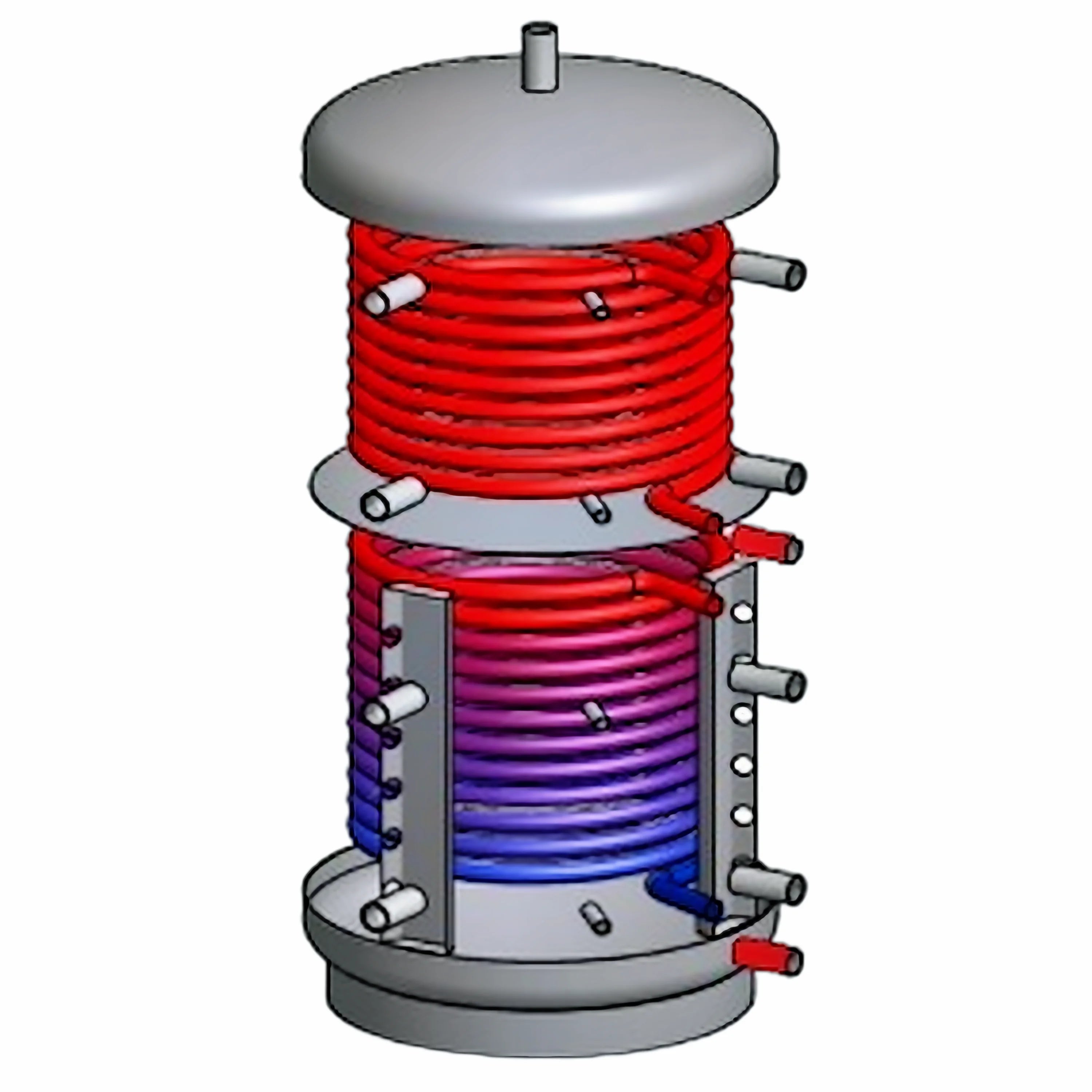 Ansicht eines Schichten Pufferspeichers mit Wärmetauschern und coiled tubing für eps airpor®