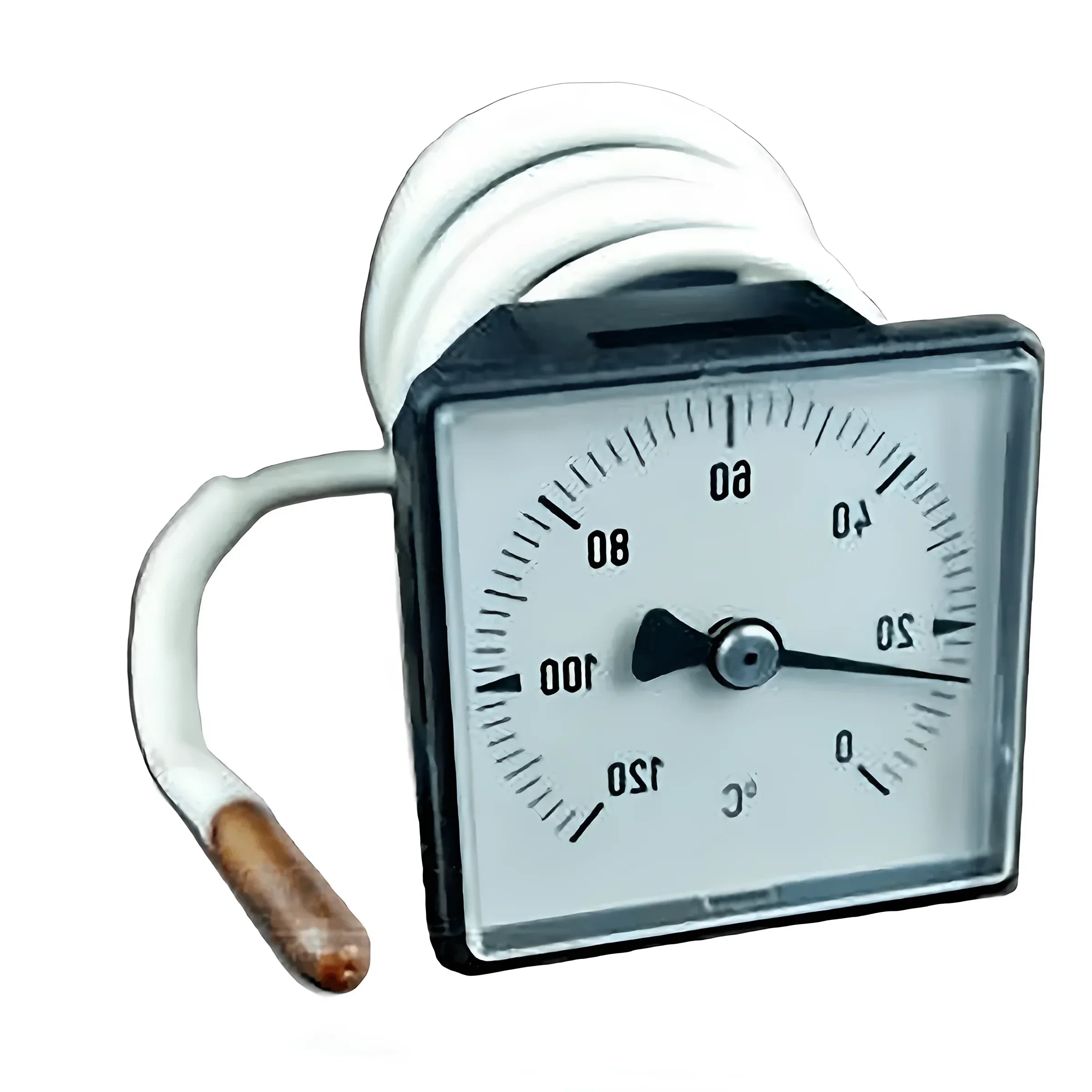 Analoges Thermometer Defro quadratisch für Kesseltemperaturmessung.