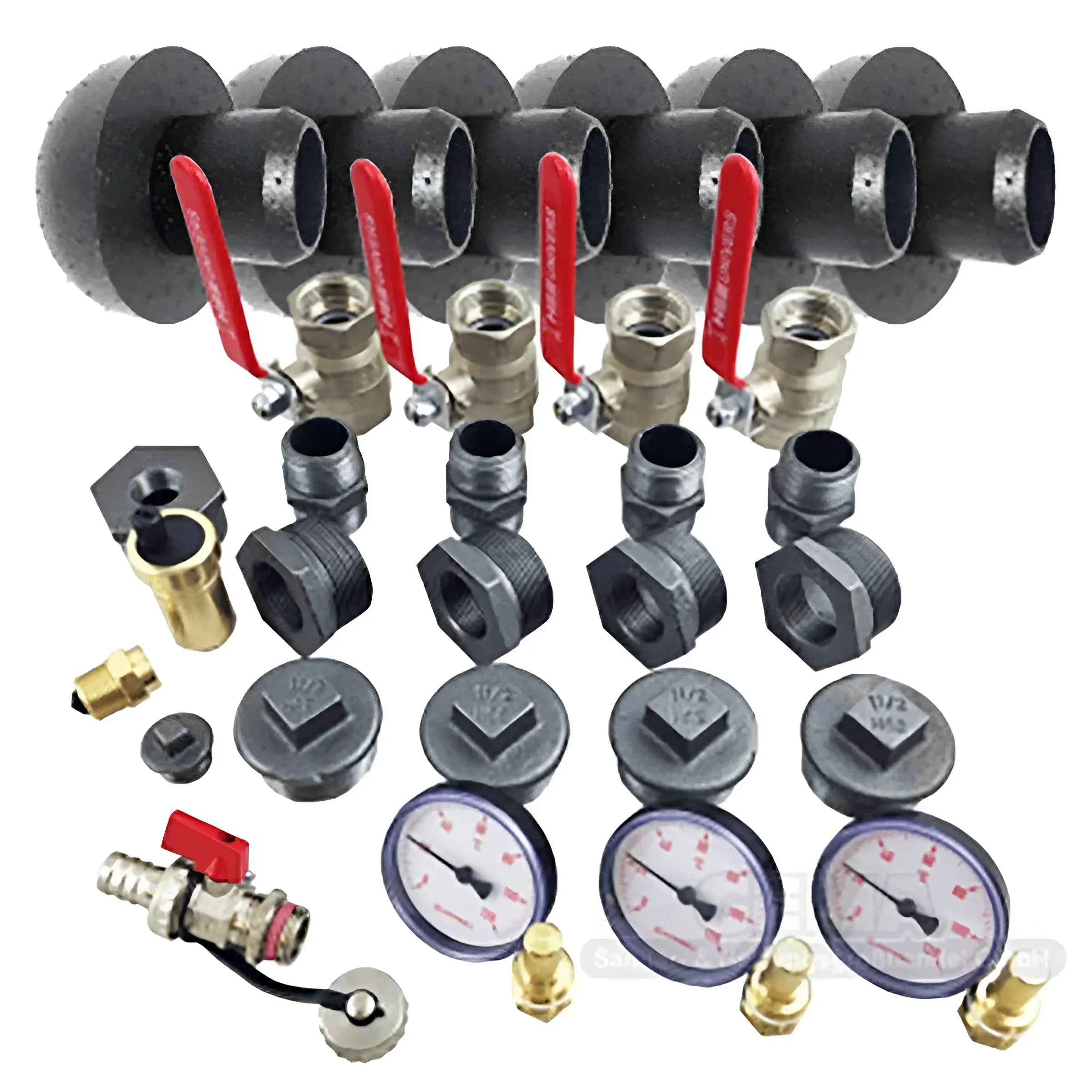 Vielseitiges Zubehörset mit Ventilen, Druckmessgeräten und Fittings für effiziente Heizsysteme 🔧💧