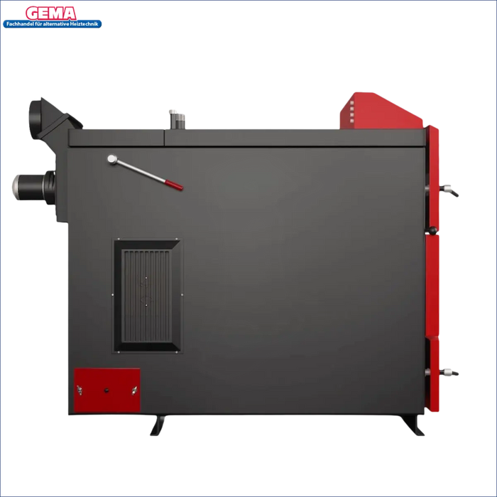 Grauer und roter Industrie-Heizkessel Attack DPX Profi 80 kW Holzvergaser
