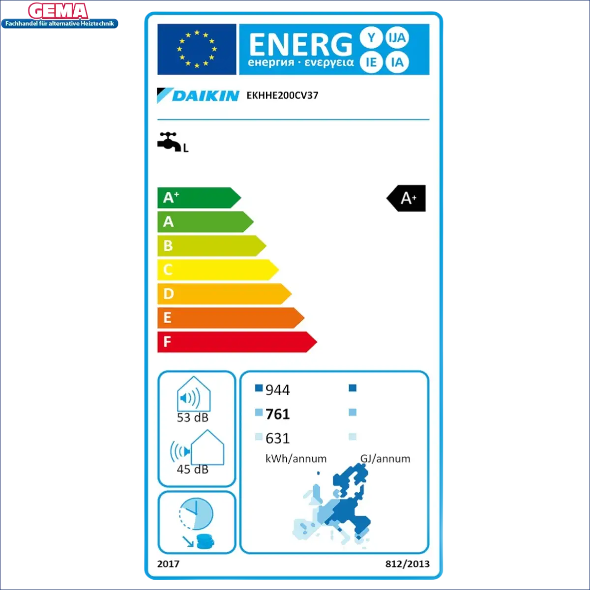 Energieeffizienzlabel für Wassererhitzer am Daikin Altherma M HW 200 Warmwasser-Wärmepumpe