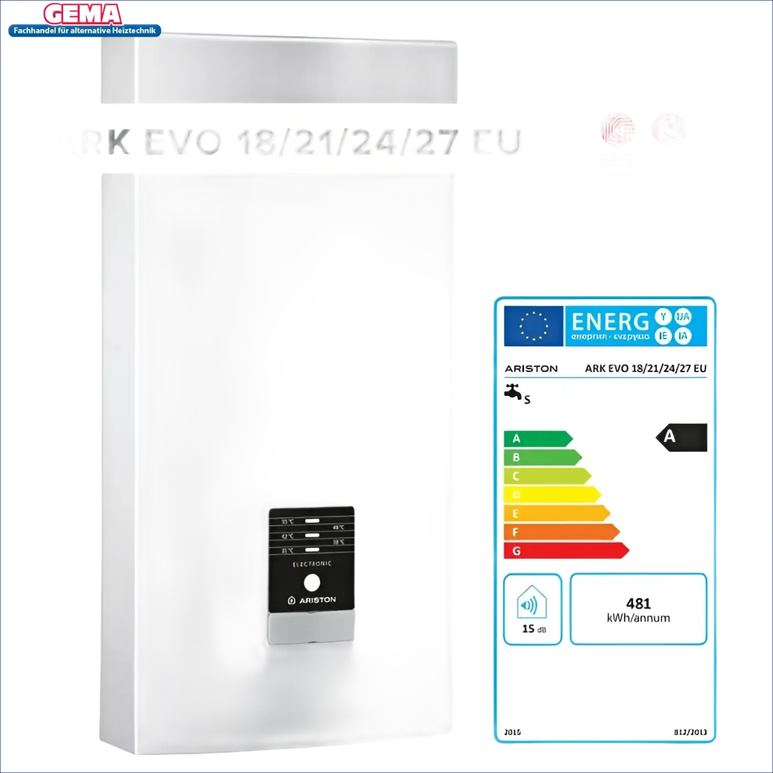 Weißer Ariston Durchlauferhitzer 18-27 kW mit Energieeffizienzlabel
