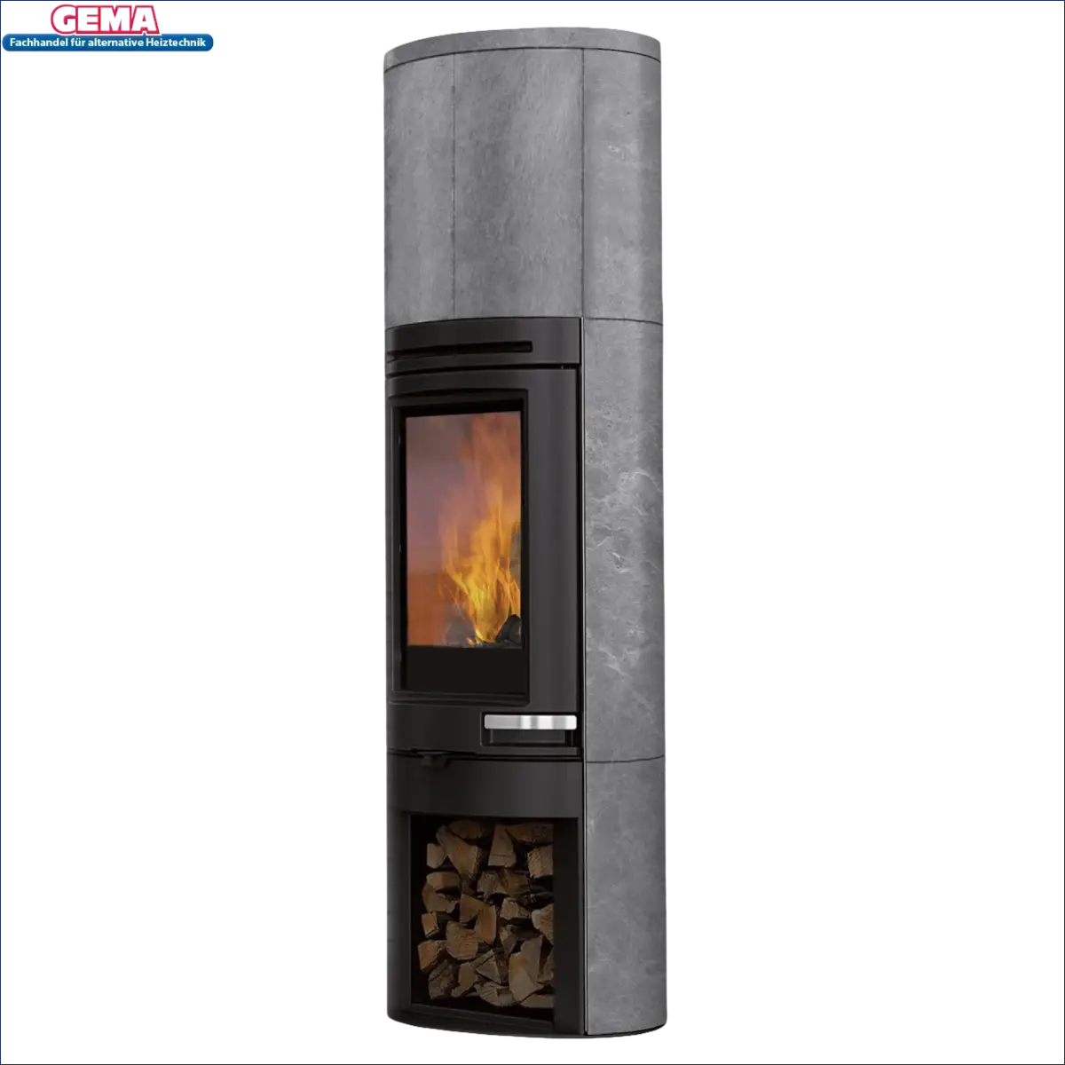 Grauer Stein-Holzofen Edilkamin Tally S Evo 9,1 kW mit Flammen und Holzvorrat