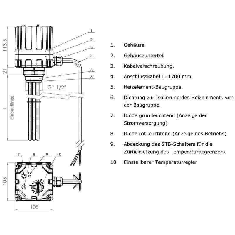 Elektroheizstab mit Regler und Thermostat 6,0 kW - GEMA Shop