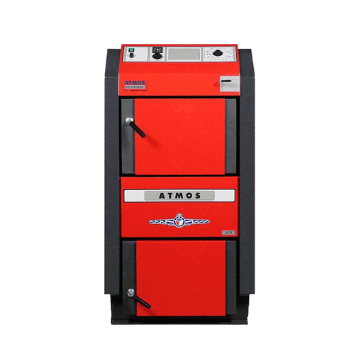 Heizkessel Atmos GS Holzvergaser 15 kW 🔥 - Effiziente Wärme mit 87,1% Wirkungsgrad 🌡️ in auffälligem roten Design.