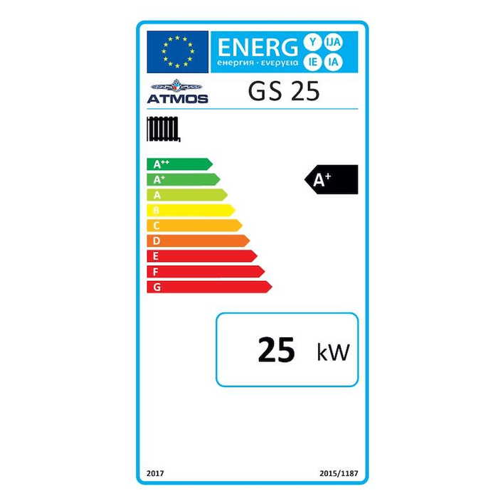 Energieeffizienzlabel für Heizkessel Atmos GS 25, A+ Bewertung und 25 kW Leistung. 🌍🔋