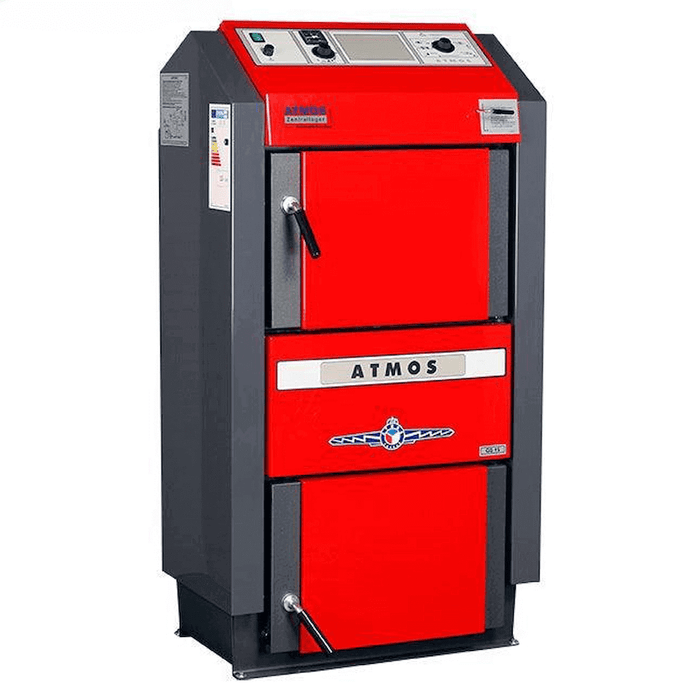 Heizkessel Atmos GS 🔥- 15 kW, effizienter Holzvergaser 🌳 mit 87,1% Wirkungsgrad, robustes Design in Rot und Schwarz.