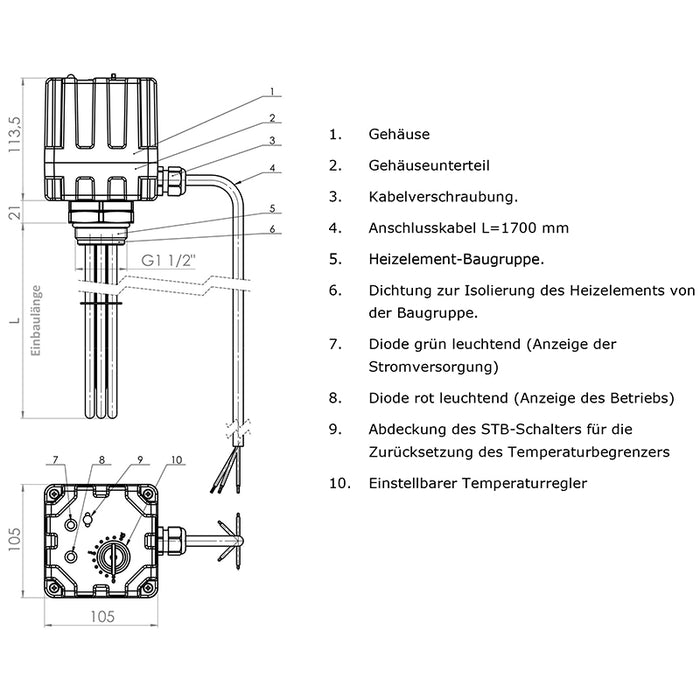 Elektroheizstab mit Regler und Thermostat 4,5 kW