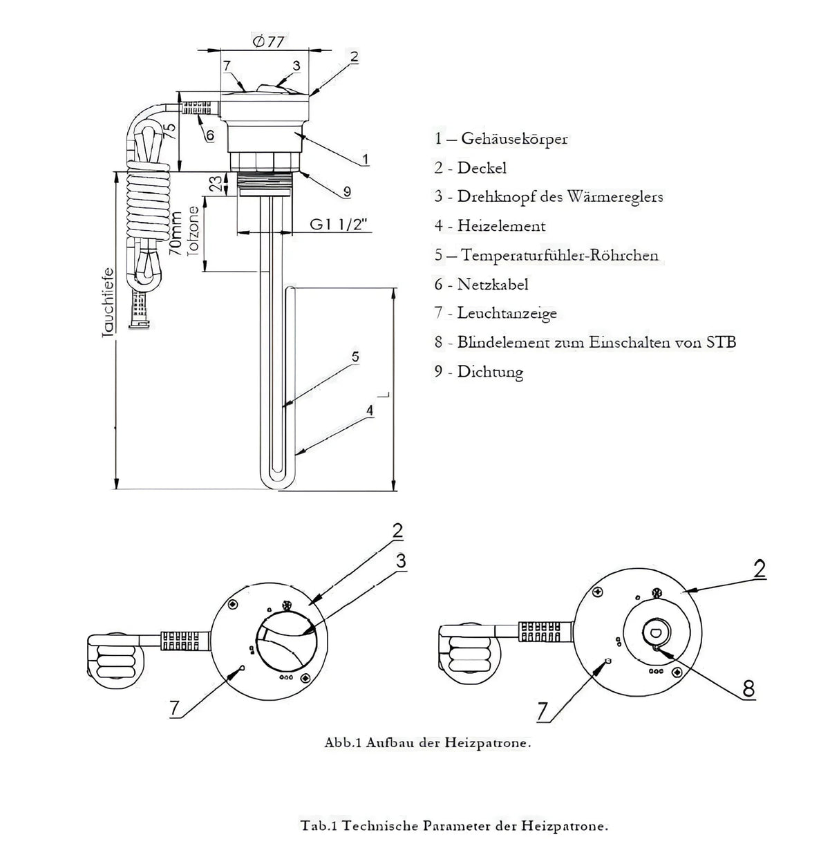 Heizstab Heizpatrone 9 kW mit AG 1 ½“ - GEMA Shop