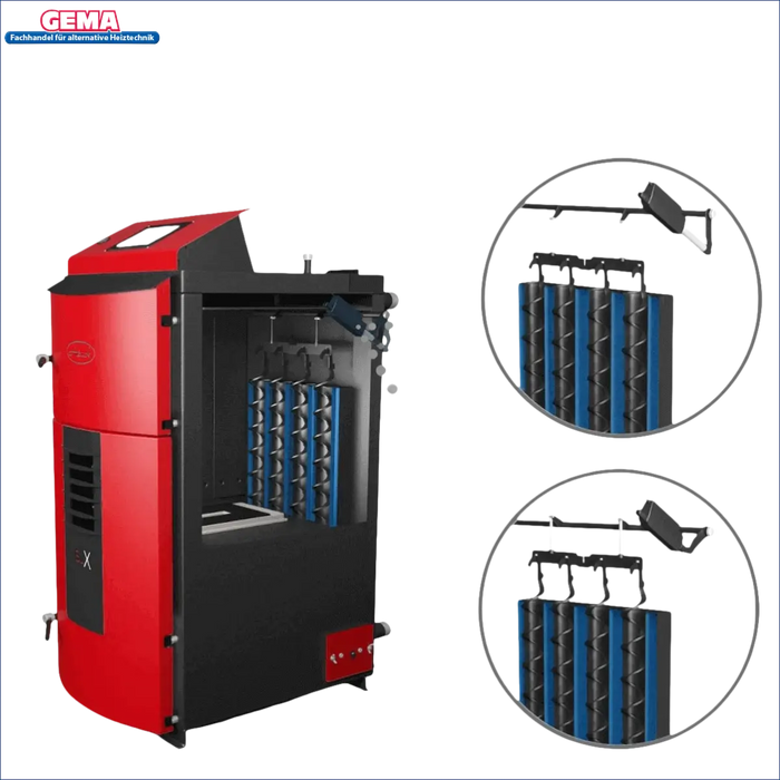 Rotes und schwarzes Heizsystem am Holzvergaser Attack SLX Lambda Touch 25 kW