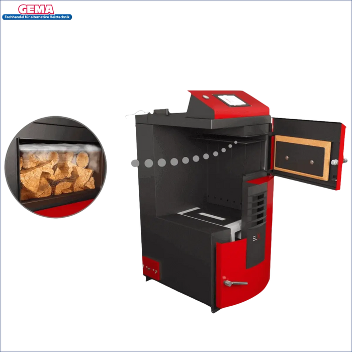 Roter und schwarzer Holzvergaser Attack SLX Lambda Touch 25 kW für effiziente Heizung