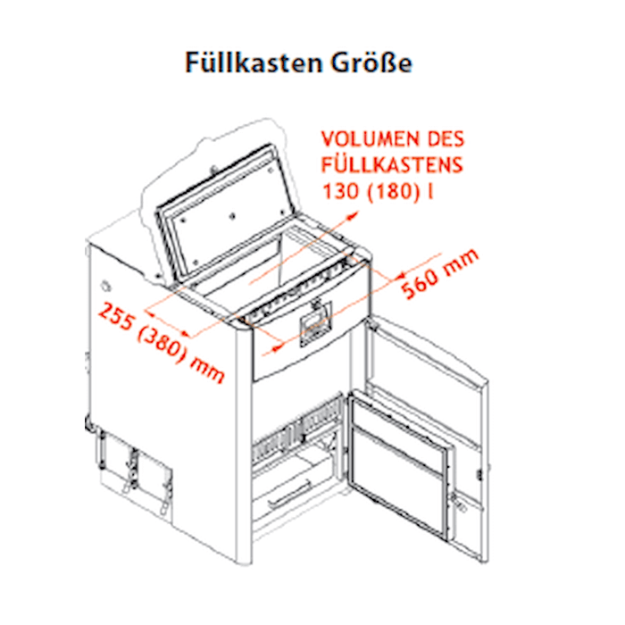 Diagramm des Füllkasten für Holzvergaser ROJEK PK BIO; Maße und Volumen 130 (180) l, 255 mm Breite.
