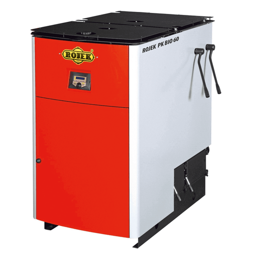 Holzvergaser ROJEK PK BIO 60 kW in Rot und Weiß für effiziente Wärme🛠️ aus Holz🔥 und feste Brennstoffe🌳.