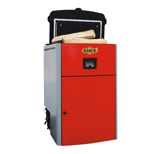 Holzvergaser ROJEK PK BIO 25 kW mit Holz 🌲 im oberen Bunker, effizient und umweltfreundlich!