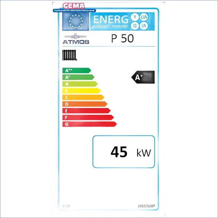 Energieverbrauchskennzeichnung für den Heizkessel Pelletkessel ATMOS P50 mit Holznotbetrieb