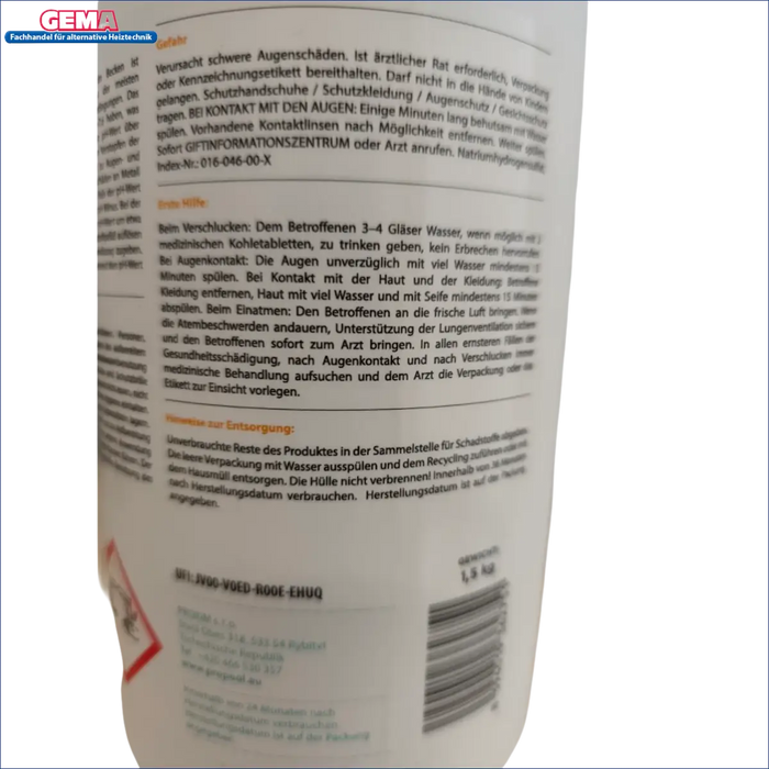 Reinigung Produktetikett für pH minus Natriumbisulfat Reinigungsflüssigkeit