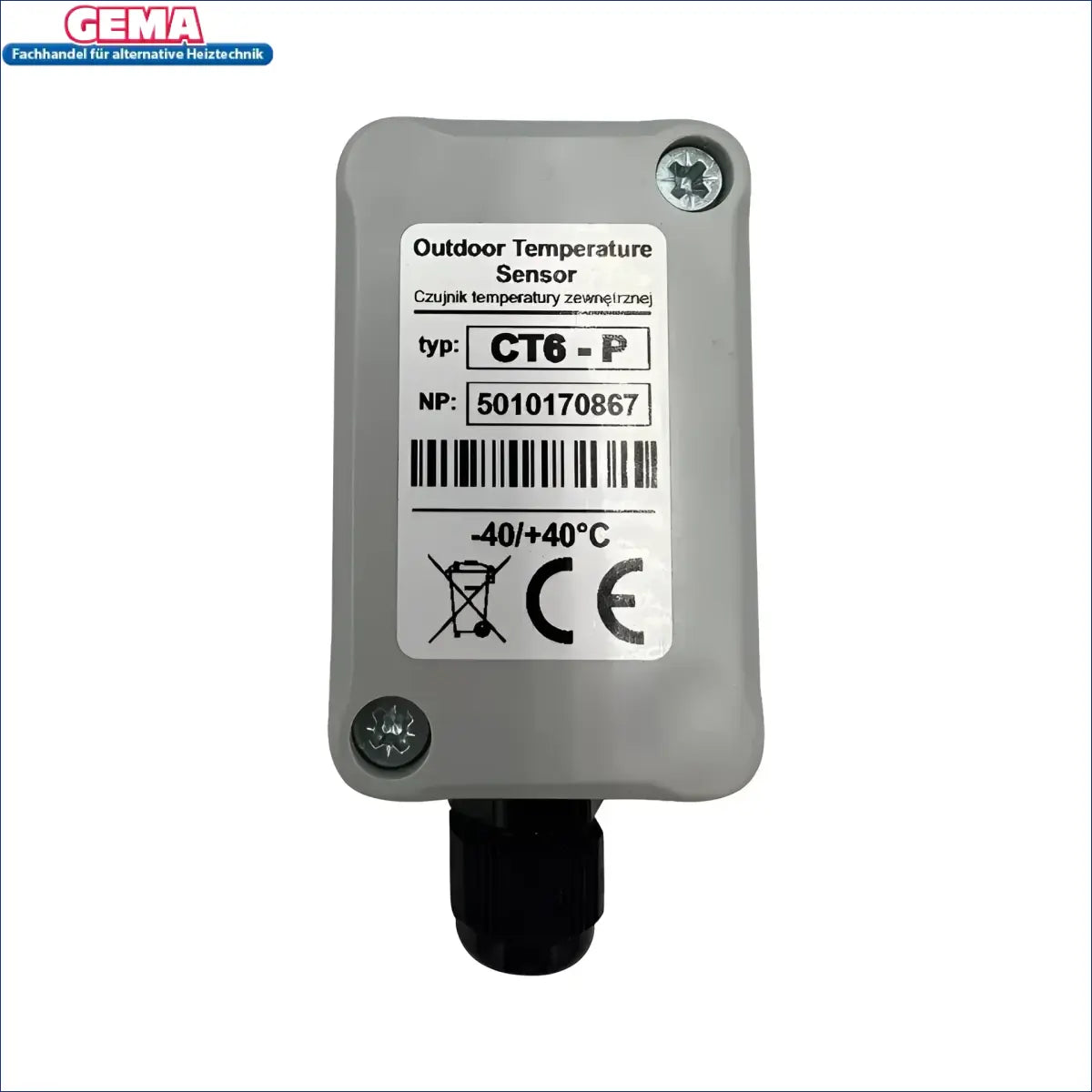 Grauer Außentemperatursensor Plum PCT6 mit robuste Bauweise für GEMA Control