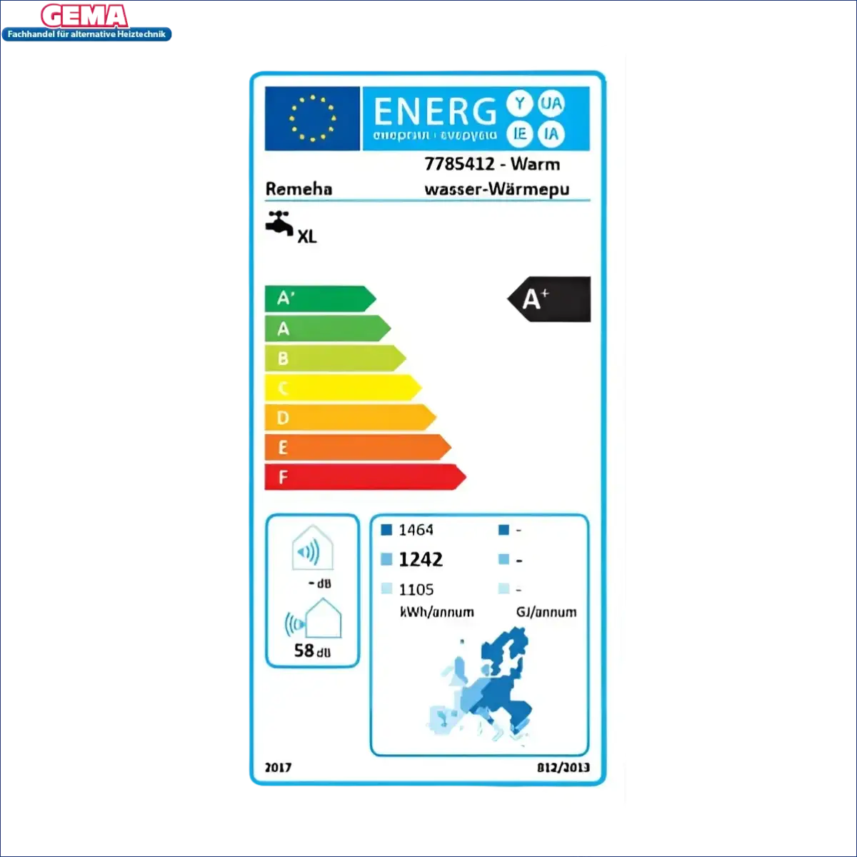 Energy efficiency label for Remeha Azorra Ace 250L Wärmepumpe bei warmwasserbereitung erfolgt