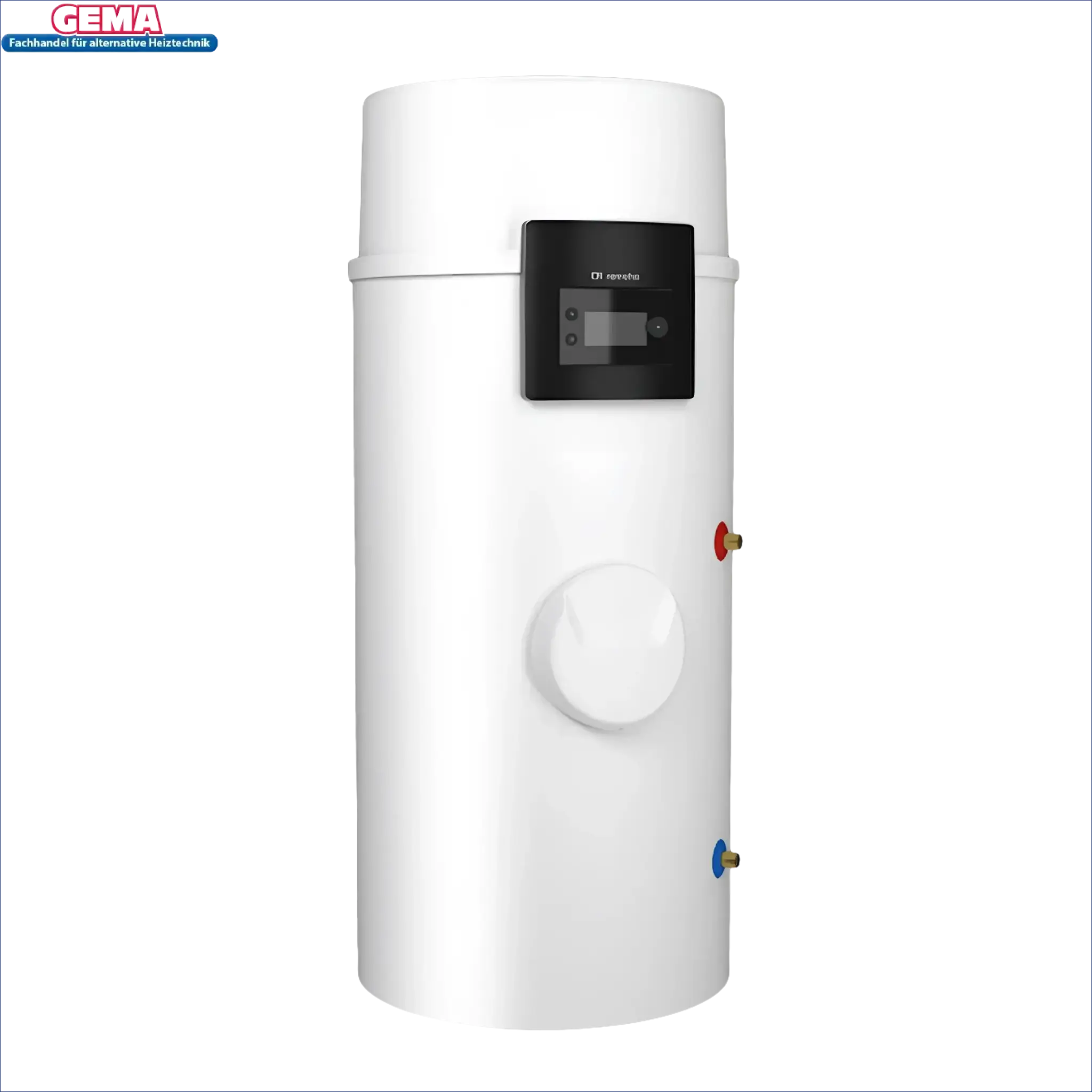 Weiße zylindrische Remeha Azorra Ace 250L Wärmepumpe mit digitalem Display