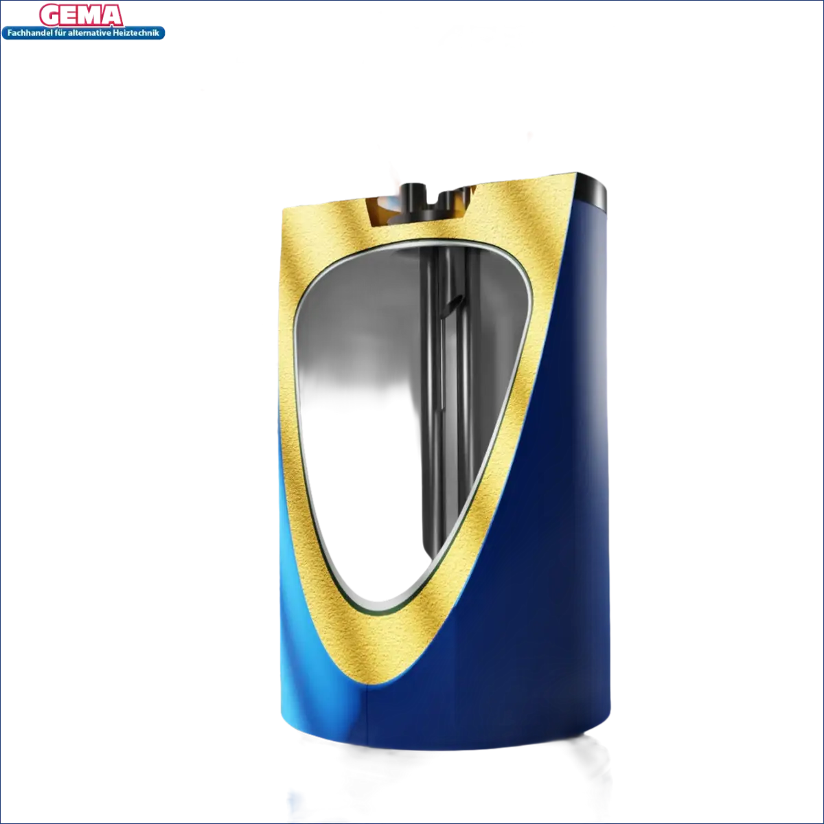 Blauer und goldener zylindrischer Trinkwasserspeicher Sunex FISH Carbon S4 mit Schnittansicht