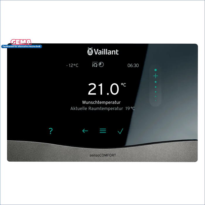 Vaillant sensocomfort room thermostat displaying 21°C 🌡️ with modern touch controls for optimal temperature control.