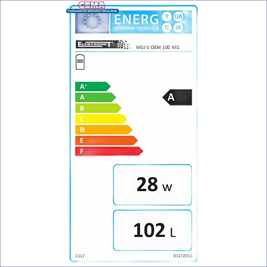 Energieeffizienzlabel für Warmwasserspeicher 100 Liter mit 1,5 kW Heizstab