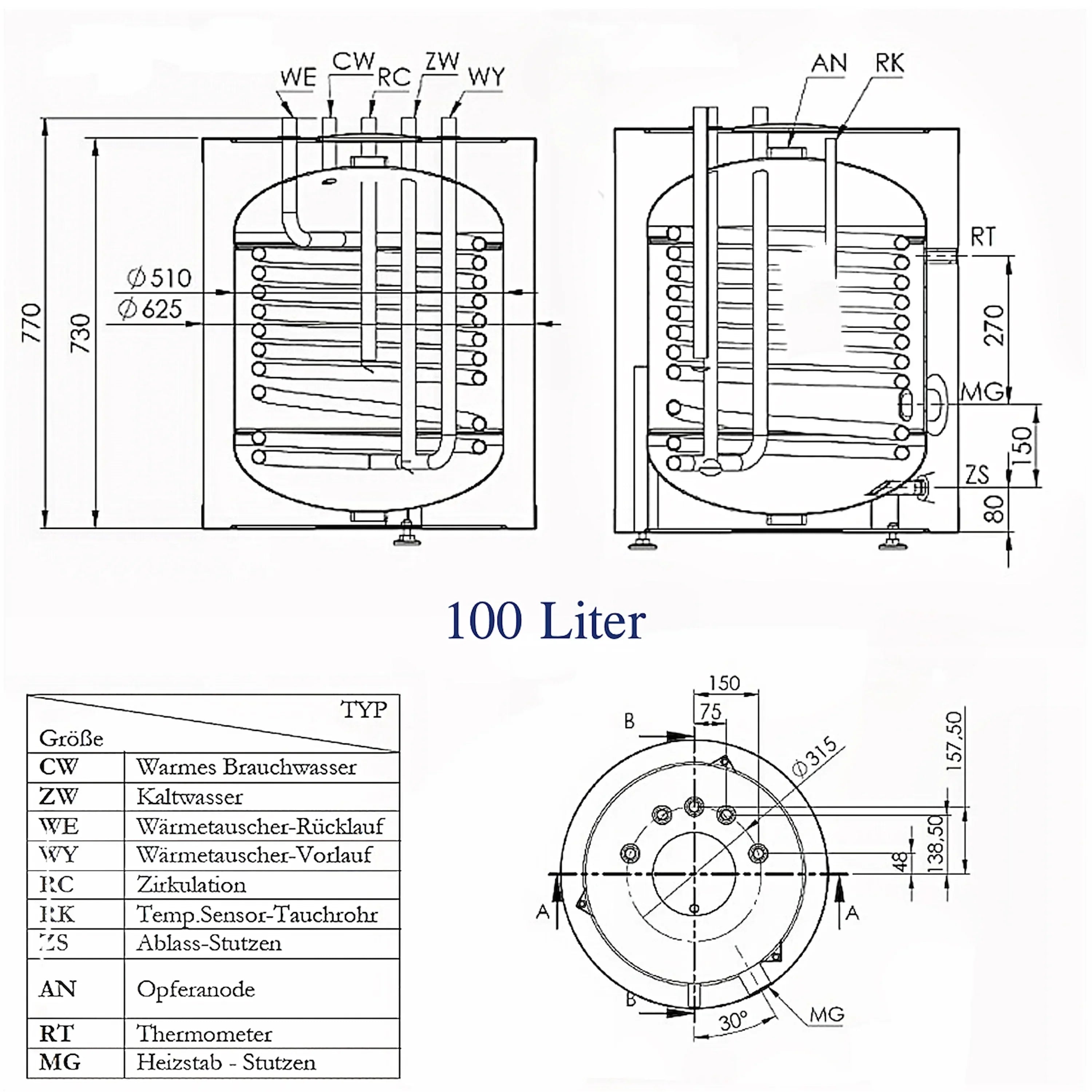 Warmwasserspeicher Trinkwasserspeicher 100 Liter mit 11/2" Anschluss für PV.
