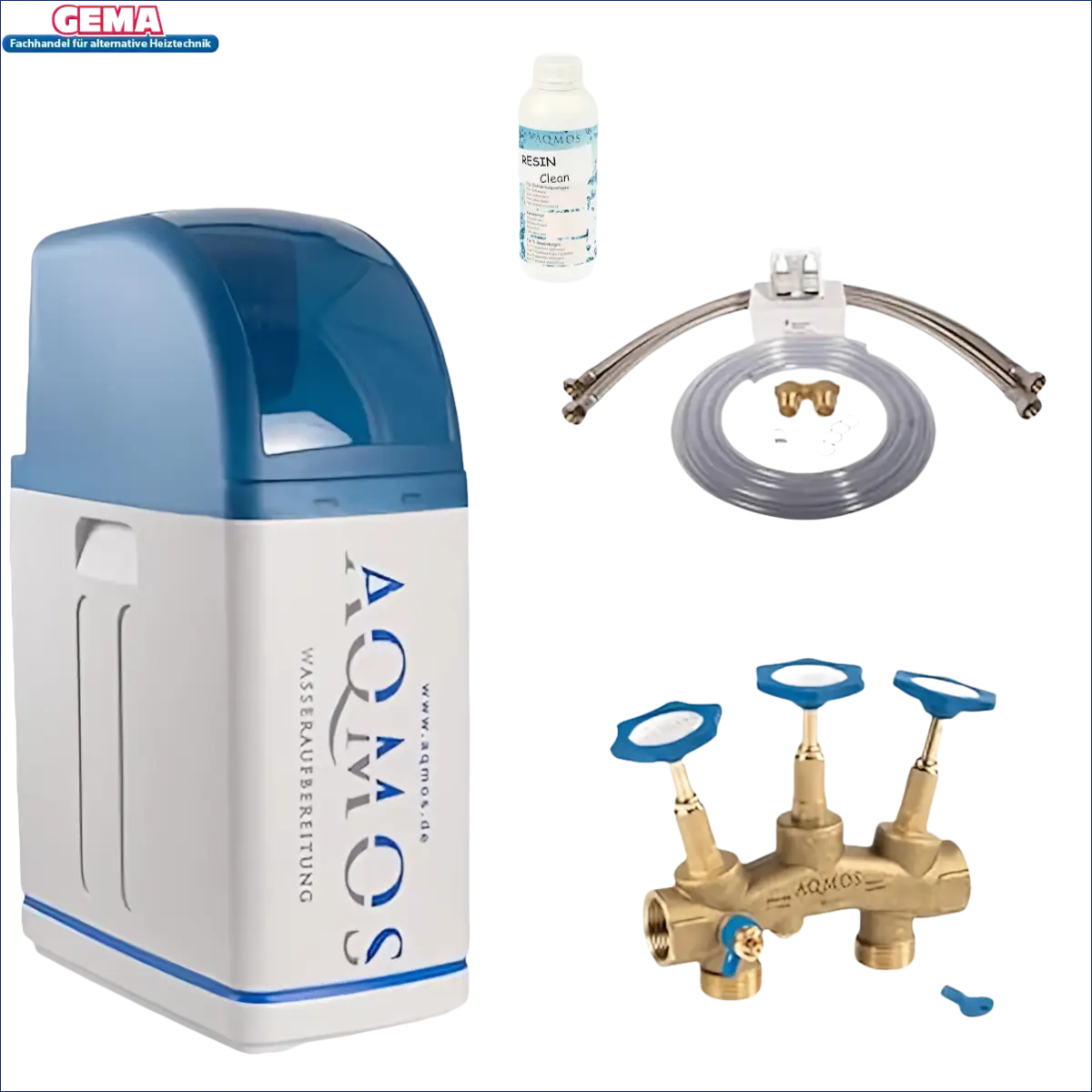 Wasserenthärtungsanlage Aqmos R2D2-48 mit Zubehör, Sicherheitshinweis Resin Clean, Ventil BNT 1650