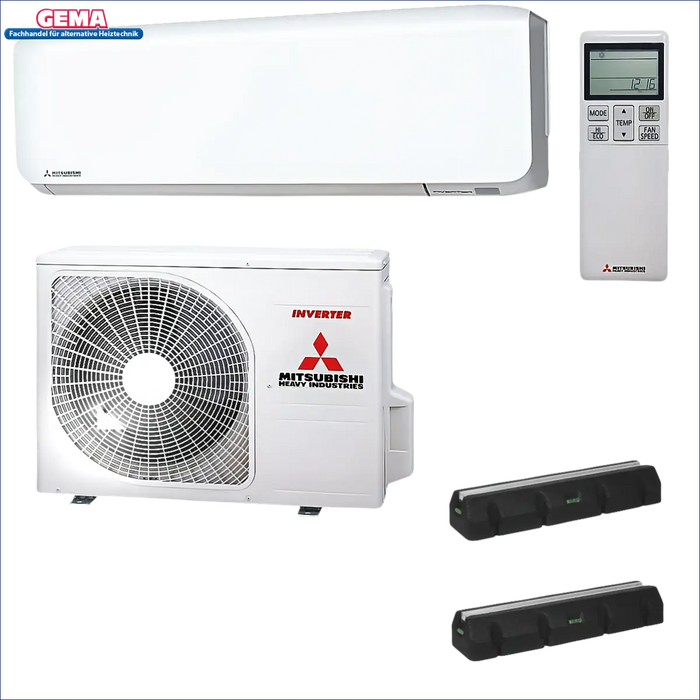 Weiße Mitsubishi Monosplit-Klimaanlage mit Fernbedienung und Luftkonditionierungssystem